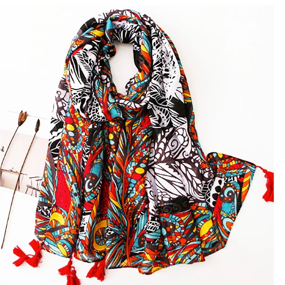 Joy Susan Red and Blue Scarf with Intricate Designs
